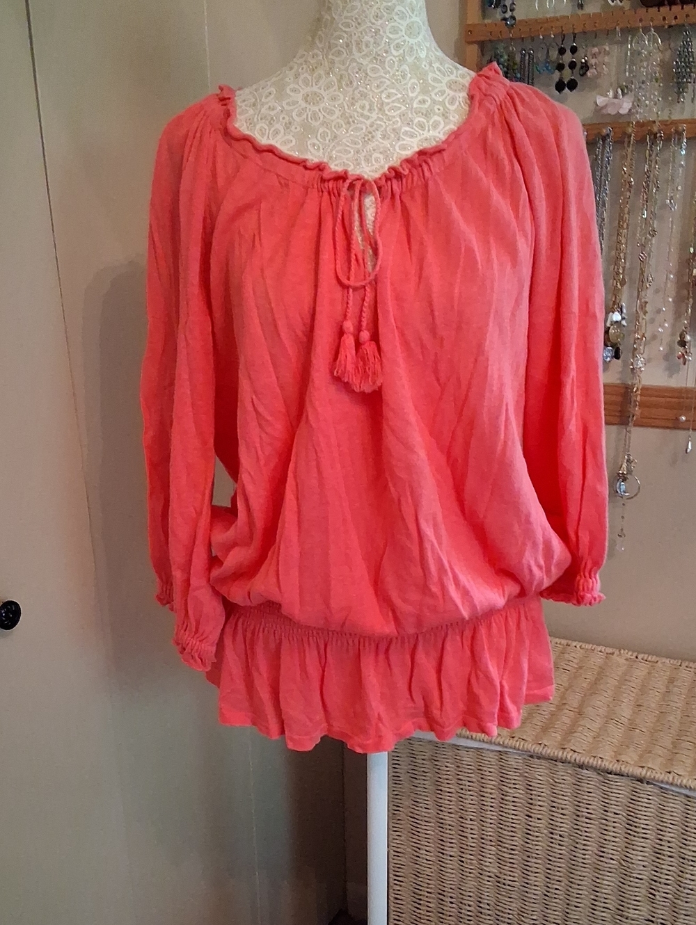 Loft Women's Coral Peasant Blouse with Tie Neck. Size XL